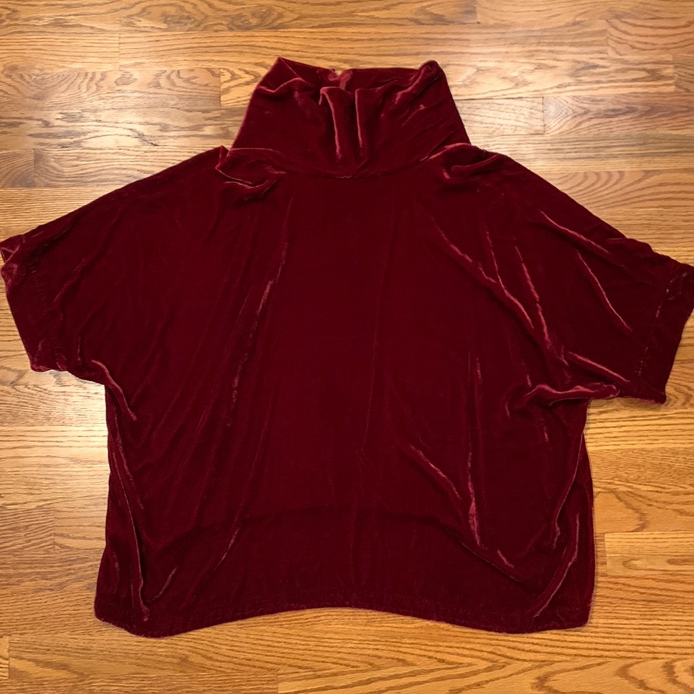 Eileen Fisher Burgundy Velvet Red Cowl Neck Short Sleeve Top- Size Large
